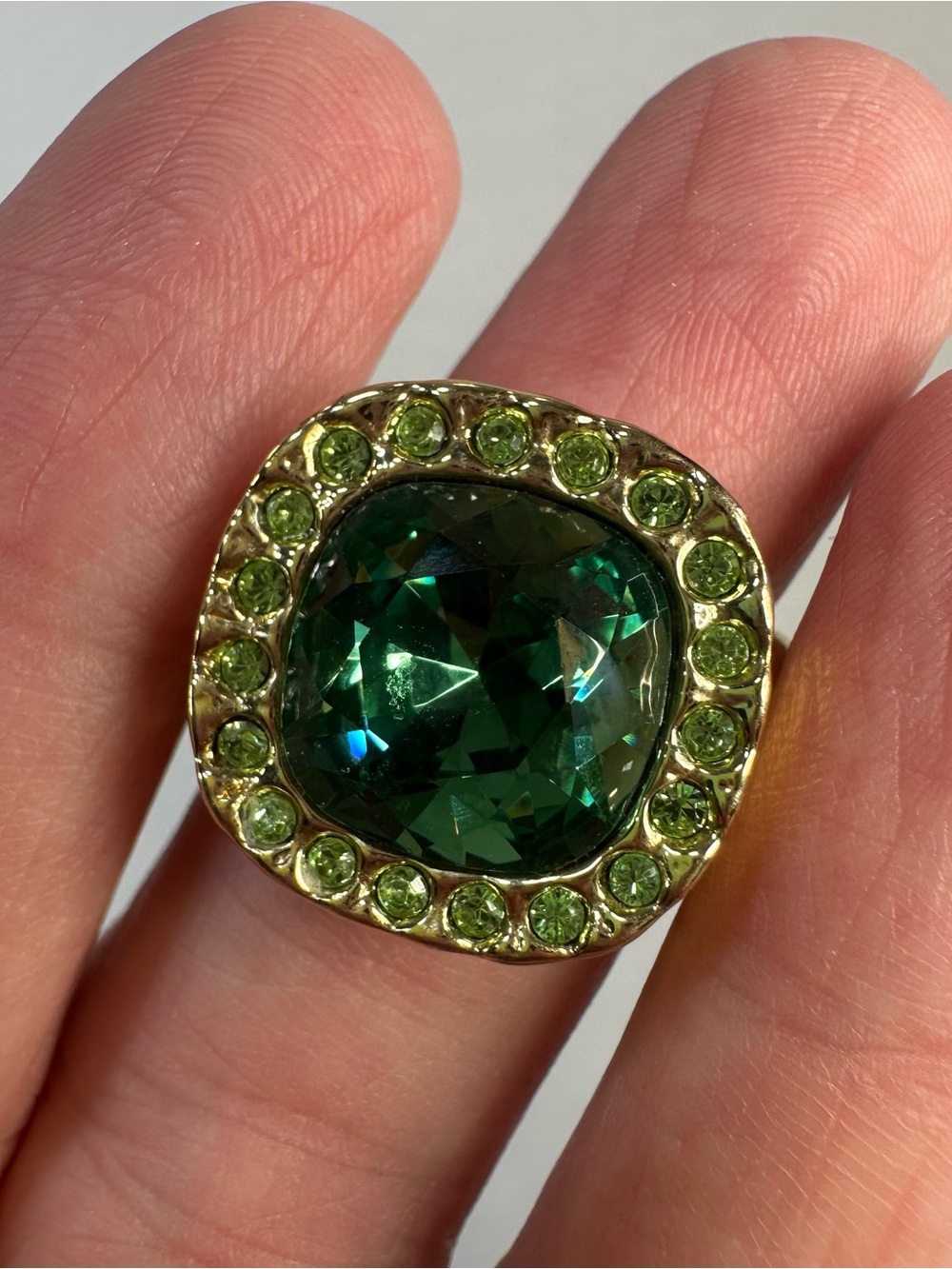 Gold Tone Green Crystal Statement Ring Cushion Cut Halo Cocktail Sz 8.5